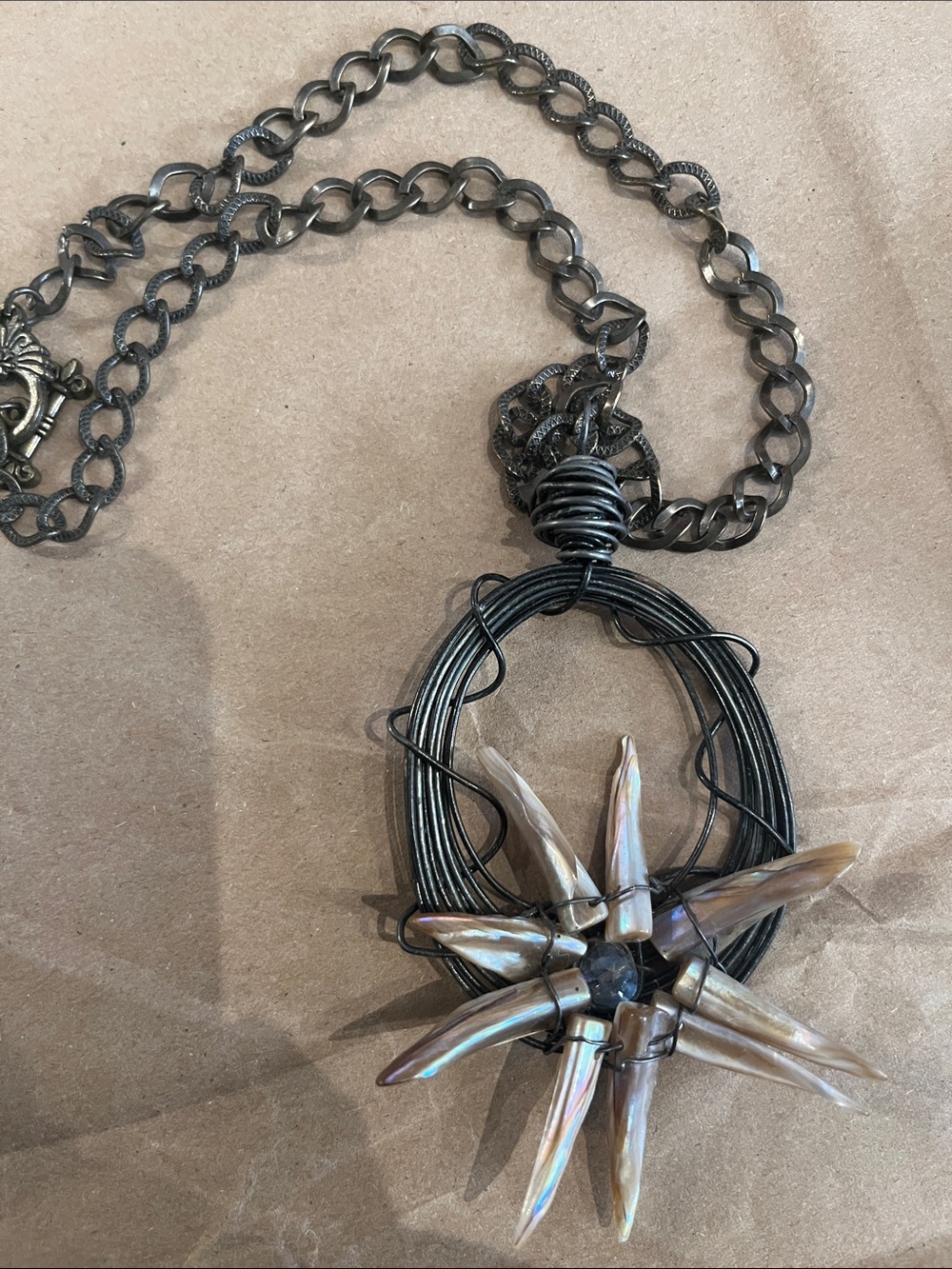 Wire Wrapped Pendant Necklace with Iridescent Shell Starburst